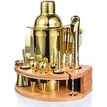 Bartender Kit with Stylish Bamboo Stand, 12 Piece 25oz Cocktail Shaker Set for Mixed Drink, Professional Stainless Steel Bar Tool Set, Gift for Man Dad- Cocktail Recipes Booklet Gold