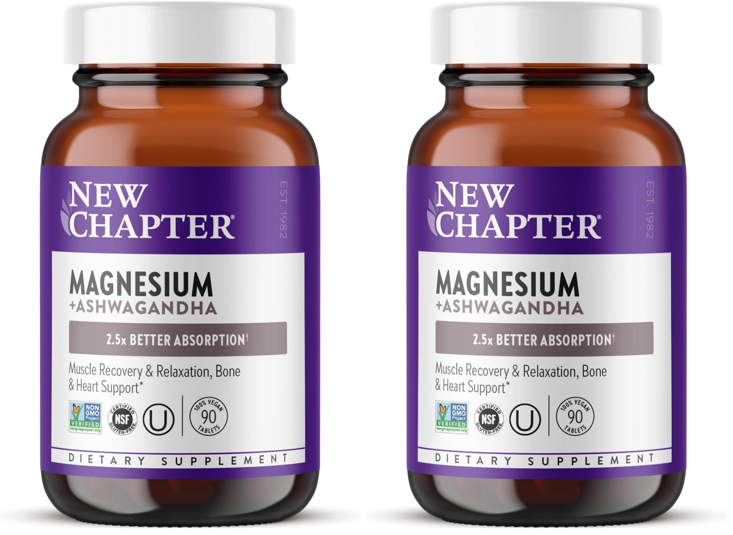 New Chapter Magnesium + Ashwagandha Supplement, 325 mg with Magnesium Glycinate for Muscle Relaxation & Recovery, Heart, Nerve & Bone Health, 2.5X Absorption,Non-GMO-90 ct (3 Month Supply),(Pack of 2) 90 Count (Pack of 2)