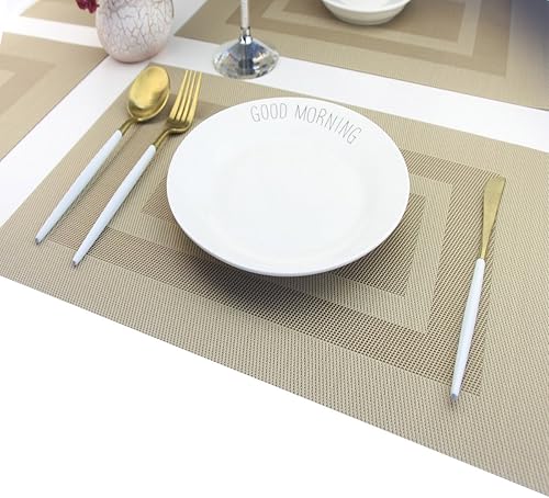 Miniatura 241 de PIGCHCY Juego de 6 manteles individuales beige de vinilo PVC duraderos para mesa de comedor, manteles individuales resistentes al calor, Beige -