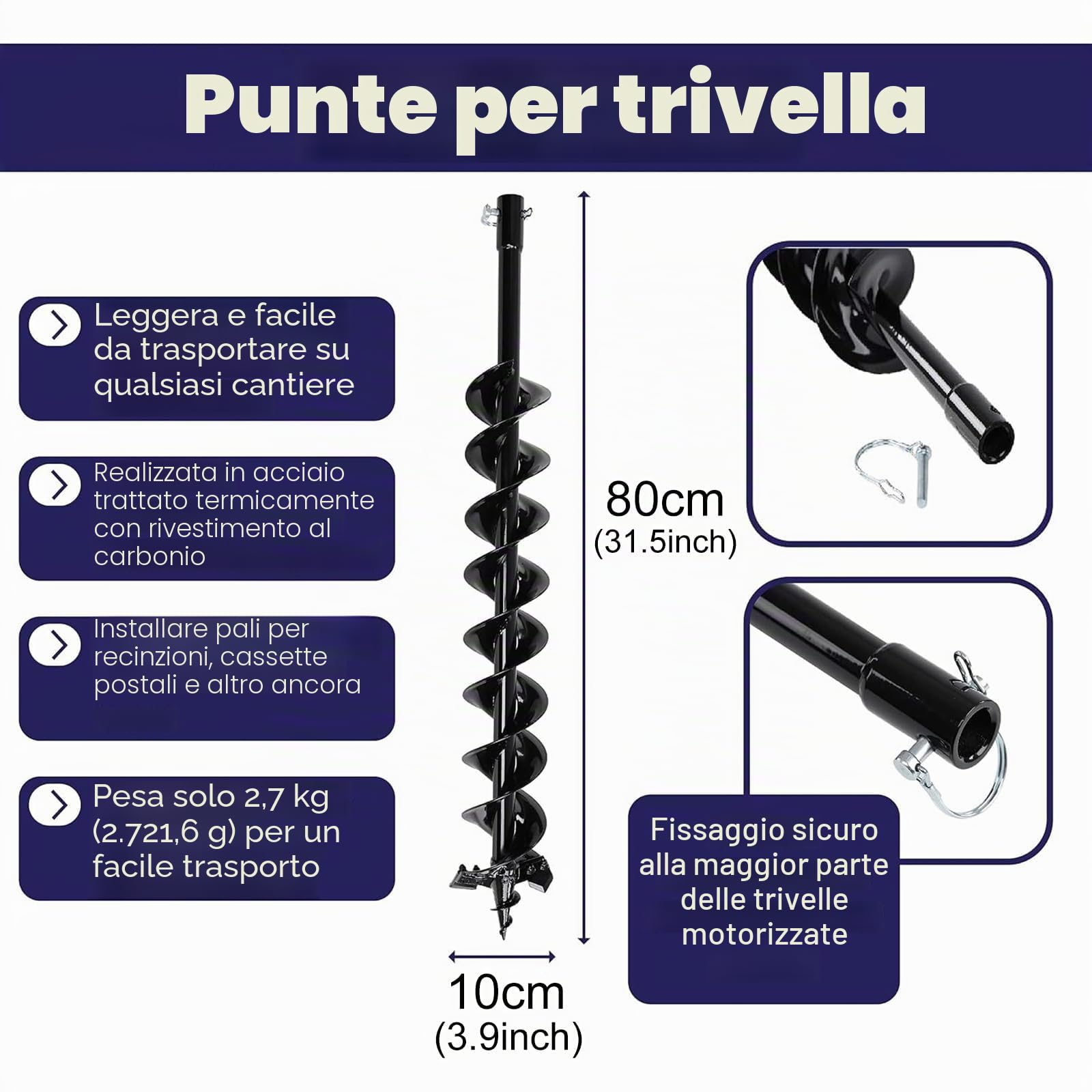 Punta Per Trivella a Scoppio & Elettrico & Batteria, Diametro 10 cm, Lunghezza 80 cm Doppia Spirale Elica da Giardino, Con trapano elettrico Adattatore SDS-Plus, Utilizzo mototrivella trivellatrice