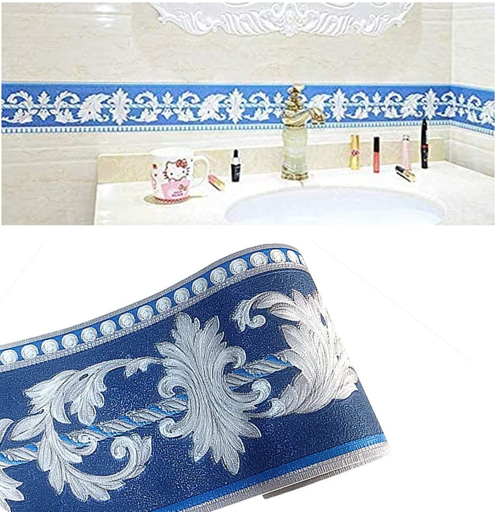 No-brand 3D Blue White Floral Molding Wallpaper Border Peel Stick Home Ceiling Decorative Border for Bathroom Living Room Kitchen 10cm by 5meters