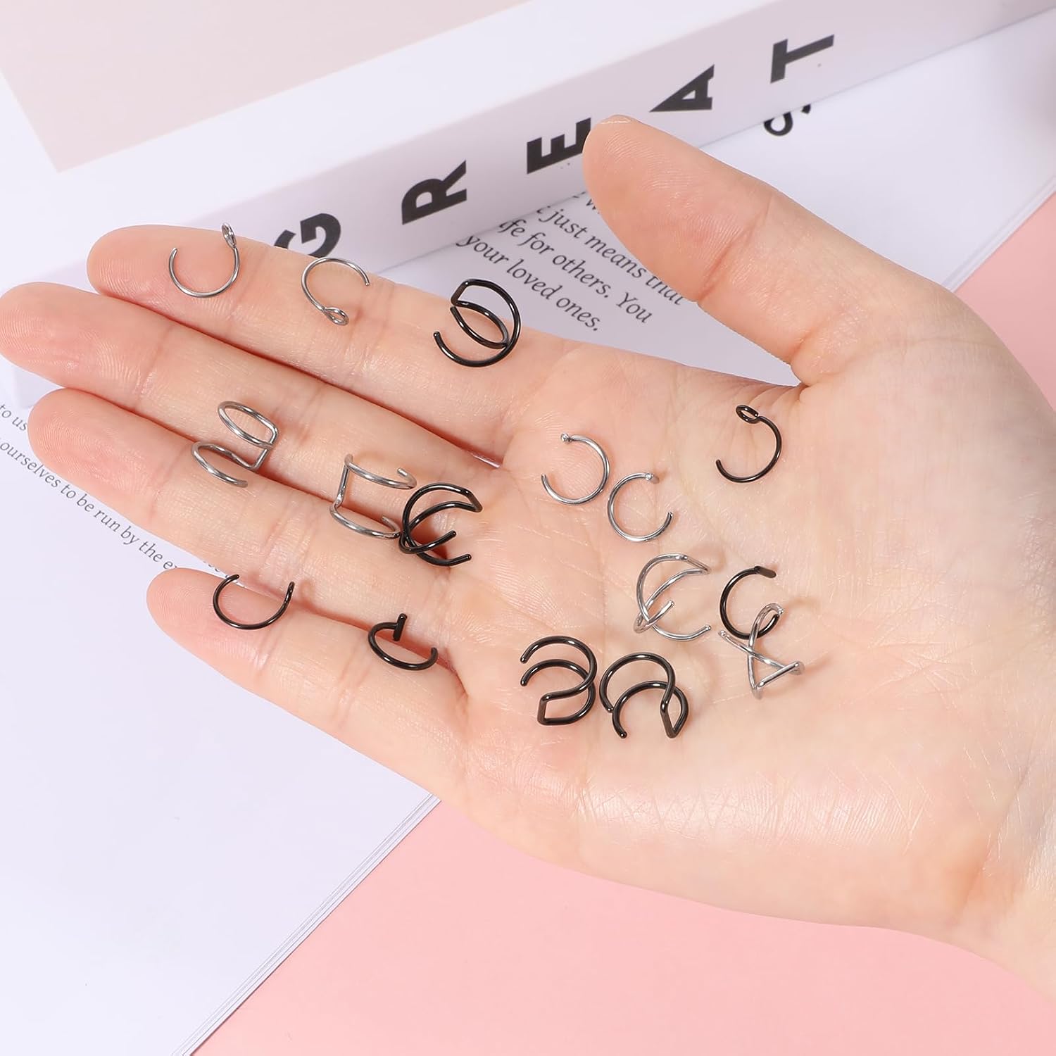 Psyqtsuary Fake Lip Piercing, 16 Pcs Stainless Steel Fake Lip Ring 8mm Faux Nose Ring Non Piercing Hoop Nose Rings for Women Men (Silver, Black)