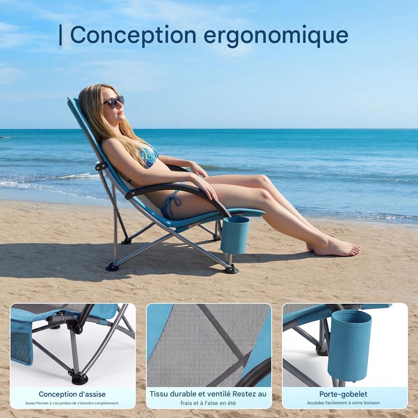 Garvee Chaise De Plage Pliante Robuste Et Légère, Chaise Plage Pliante Legere Inclinable, Sangles Sac à Dos, Poche Téléphone, Porte-Gobelet, Idéale pour Camping (Bleu, 2packs)