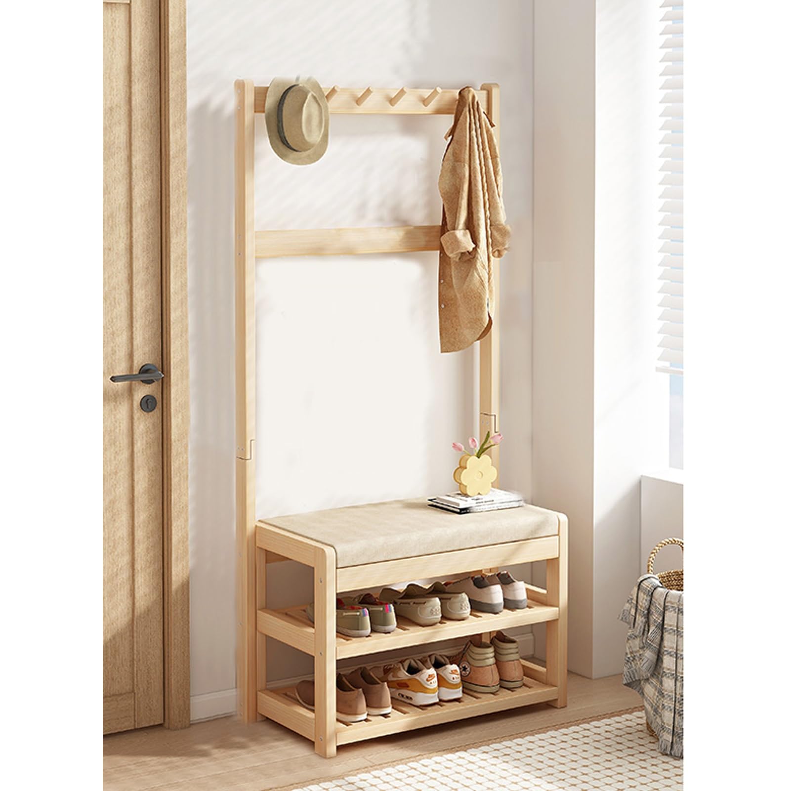Porte-manteau en bois massif meuble entrée multifonctionnel avec étagères de rangement