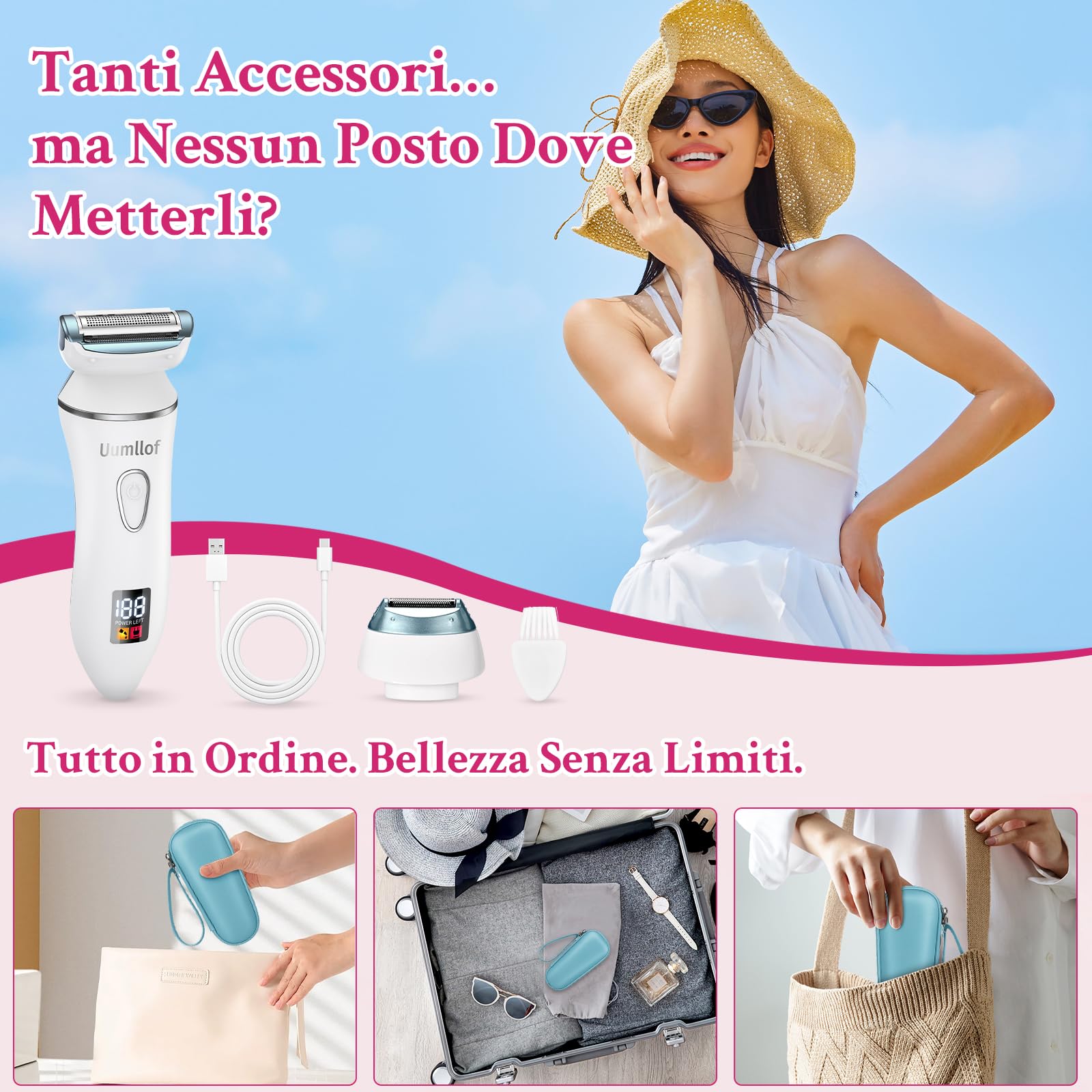 Ruycllo Rasoio Elettrico Donna 2 in 1, Rasoio Intimo Donna e Trimmer Bikini IPX7 Impermeabile, Trimmer Intima con Display LED per Gambe, Ascelle e Zona Intima con Custodia da Viaggio
