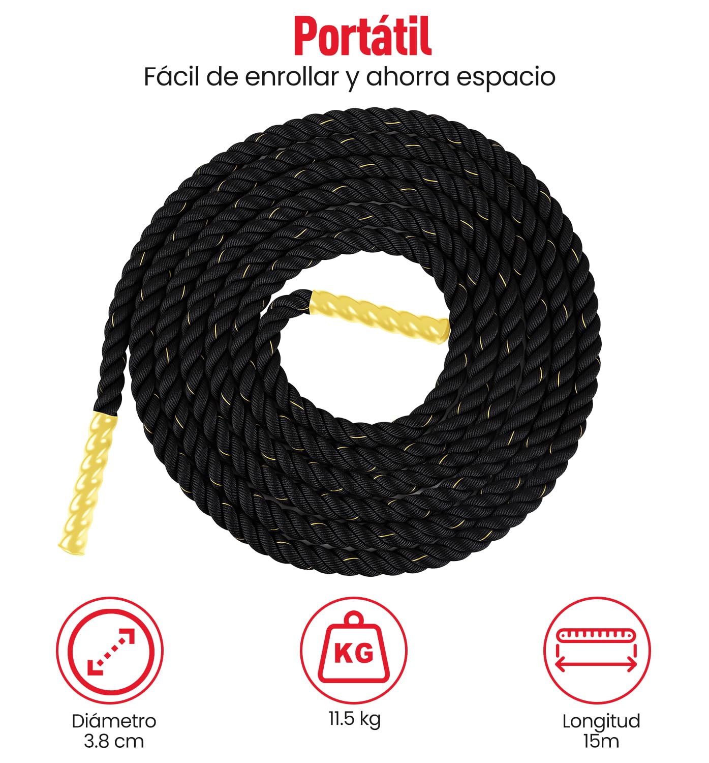 Ultrasport Battle Rope, cuerda diámetro 3,8 cm, cuerda de entrenamiento para resistencia de fuerza y desarrollo muscular, cuerda de ejercicio para un entrenamiento corporal completo
