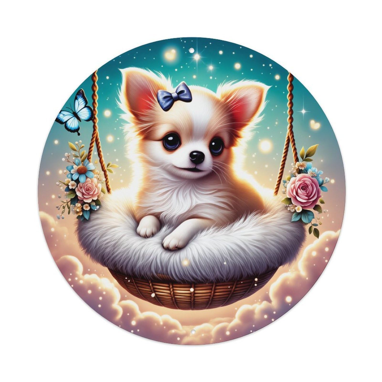 Cute Puppy On Swing With Flowers Round Tin Sign Vintage Metal Poster, Home Bar Garage Man Cave Cafe Indoor & Outdoor Wall Decoration 8x8Inches