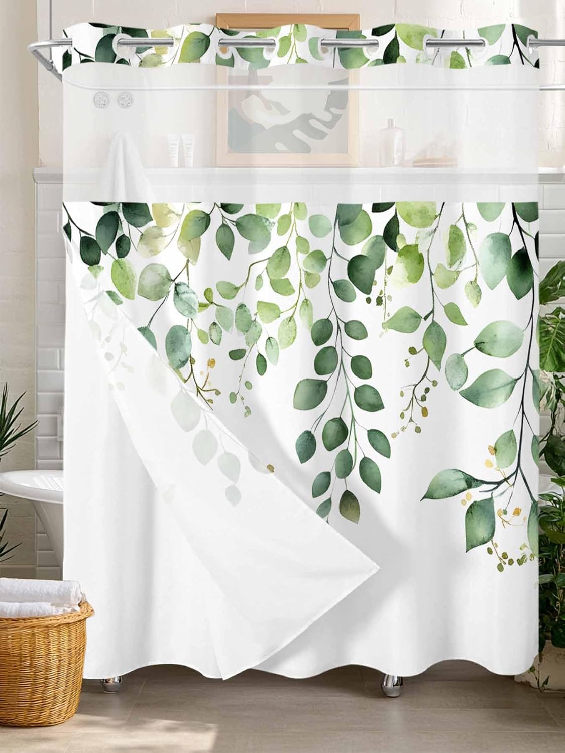 No Hooks Shower Curtain with Snap in Fabric Liner Set, Watercolor Sage Green Eucalyptus Leaves Shower Curtains Waterproof & Washable Bathroom Curtain with See Through Top Window,Hotel Style, 54x78in