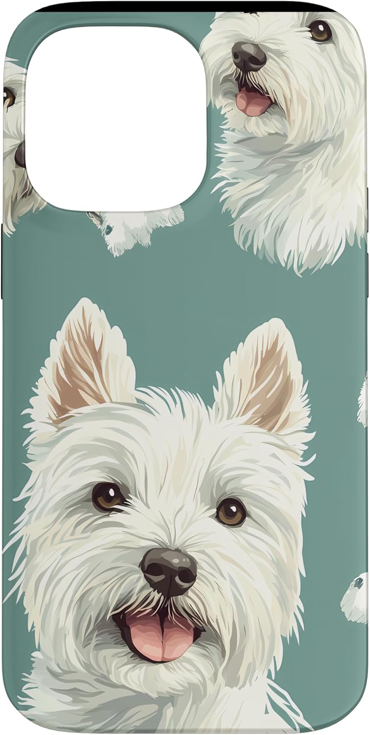 Green Bohemian Animal Print Westie Dog Pattern Case for iPhone 14 Pro Max