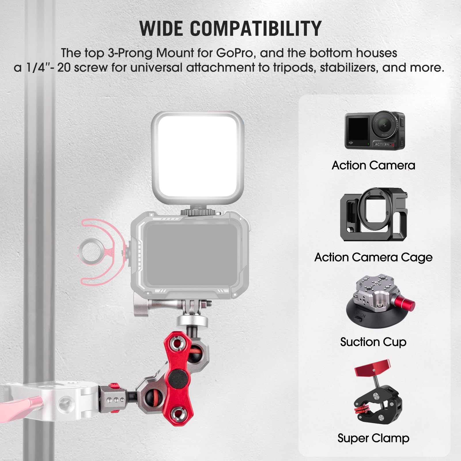Came-TV - Braccio magico per action camera con doppia testa a sfera a 360° e perni antiscivolo, braccio articolato flessibile in alluminio compatibile con Go Pro, supporto per moto, bici, finestrino