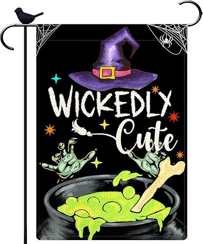 Bandera de jardín de Halloween de 12.5 x 18 pulgadas de arpillera vertical de doble cara de truco o trato pequeña bandera de jardín con texto en