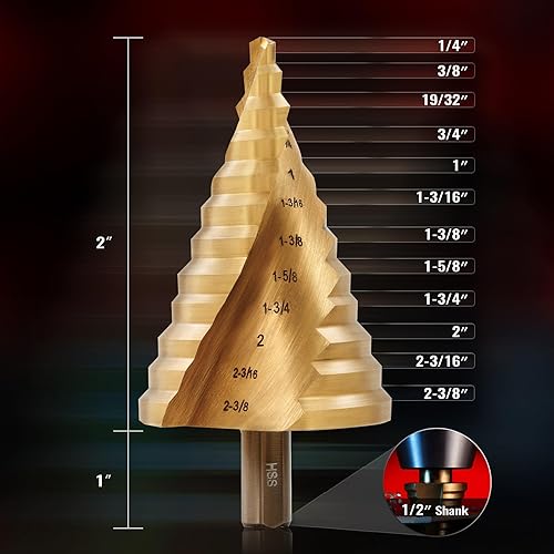 Miniatura 3 de ZELCAN Broca escalonada de ranura en espiral HSS grande, 12 tamaños, acero de titanio de alta velocidad, broca de 14 a 2-38 pulgadas para chapa de