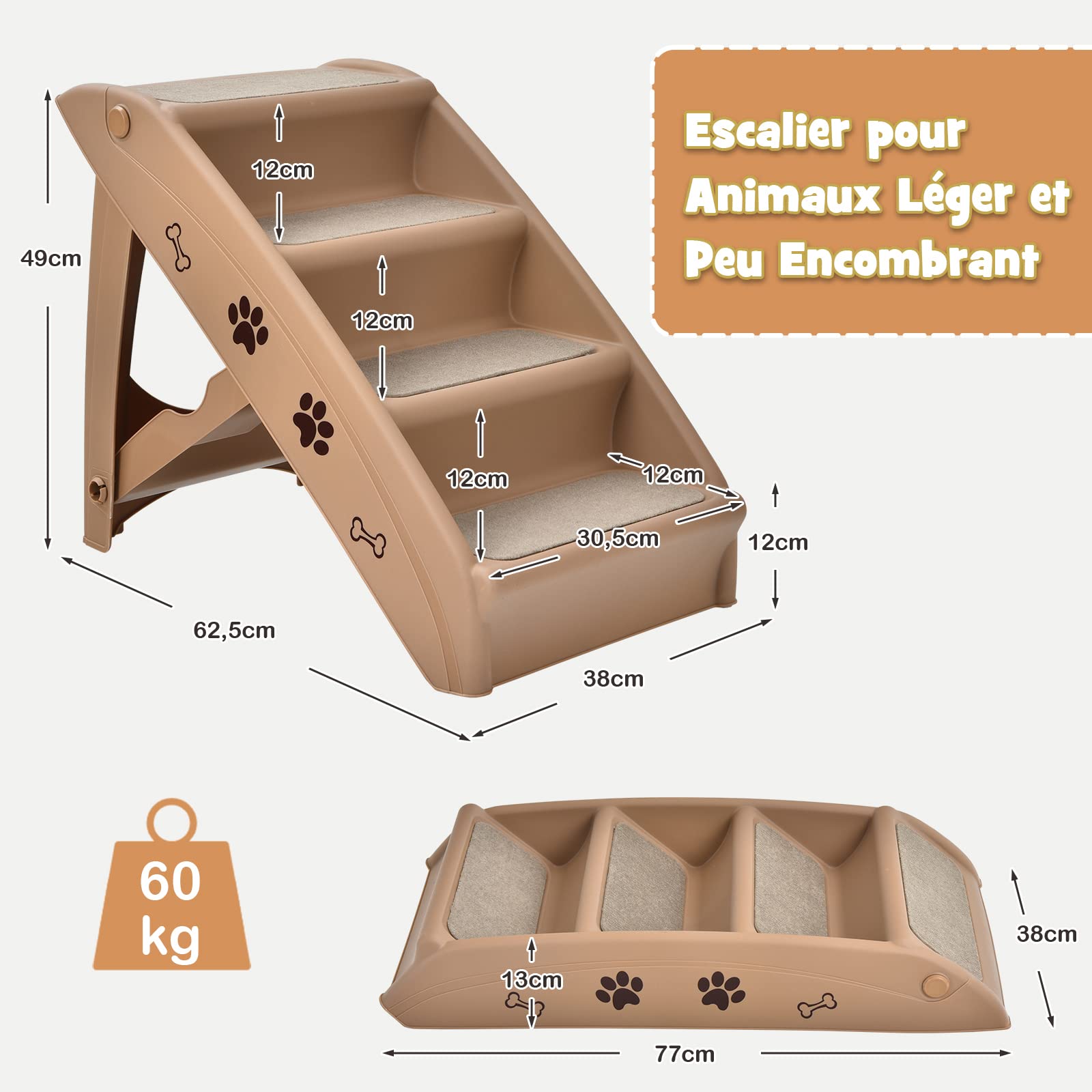 COSTWAY Escalier pour Chien Pliant à 4 Marches en Plastique Charge 60KG 64 x 39 x 49 cm Feutre Doux Structure Triangulaire Echelles pour Chiens et Chats (Café)