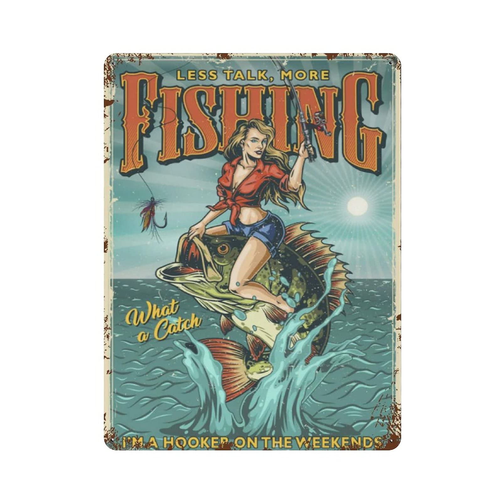 Metal Tin Sign Fishing Vintage Tin Poster Metal Sign Wall Decoration Country Kitchen Home Garage Decor 16"x12"