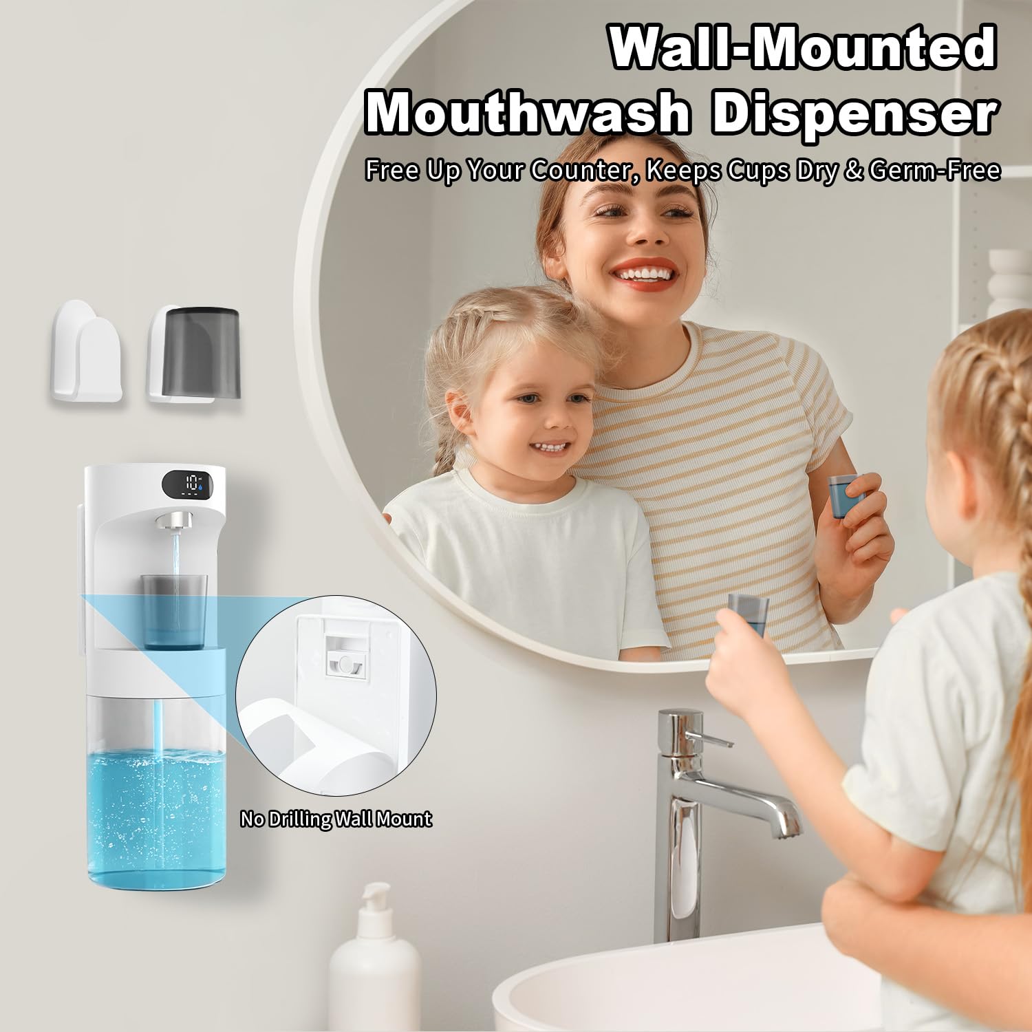 Dalugo Distributeur automatique de bain de bouche pour salle de bain, 600 ml, fixation murale sans contact, avec 2 gobelets magnétiques, distributeur de mouthwash blanc pour enfants et adultes