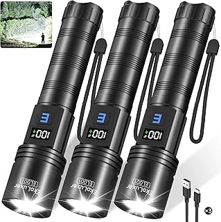 3Pack Rechargeable Flashlights 99000 High Lumens, Super Bright Flashlight with LCD Digital Display, 5Modes Adjustable LED Flashlight Tactical Flashlights High Powered, Flash Lights for Emergency
