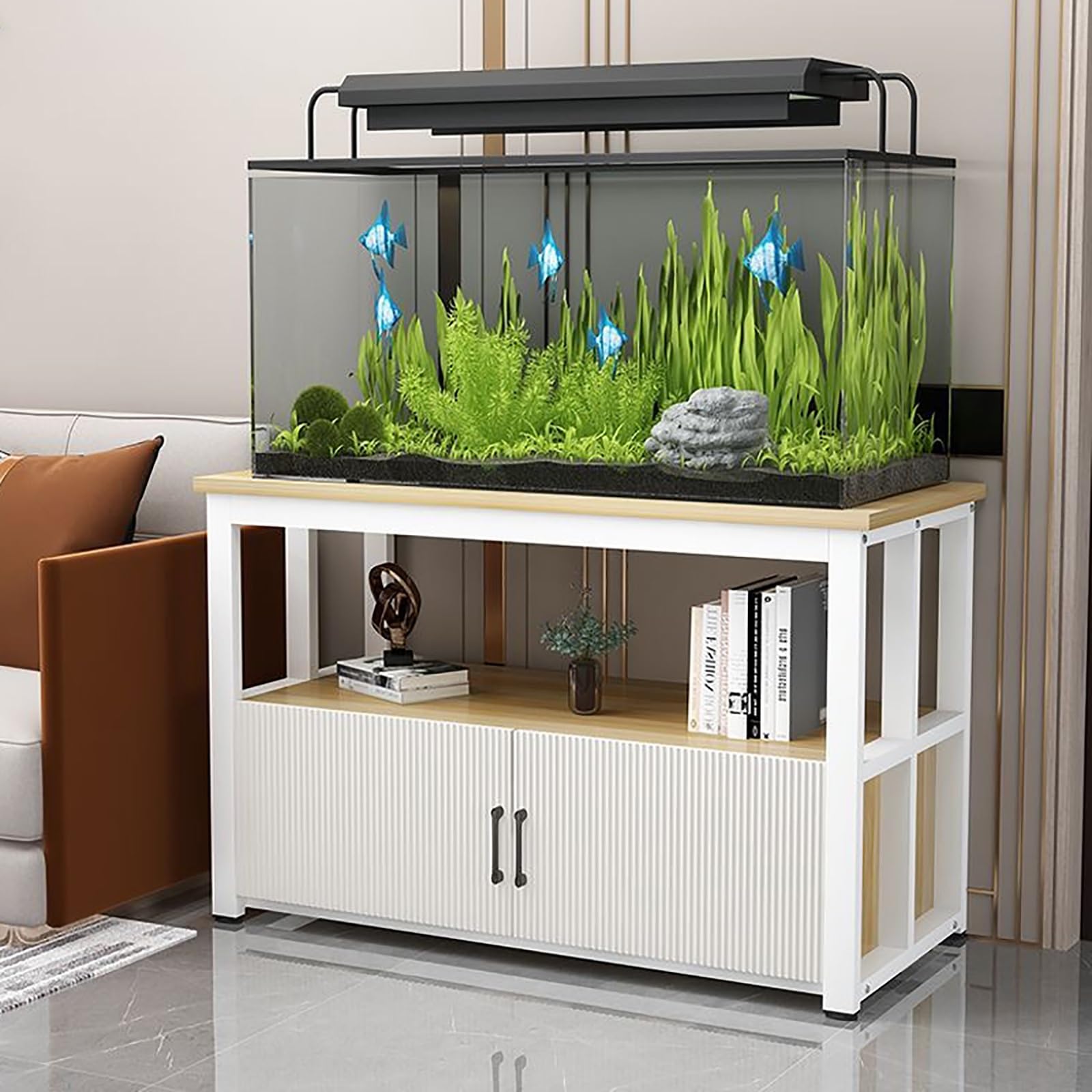 FVTVHEV Aquarium Stand Fish Tank Rack Width 50-120cm Double-deck design Heavy-Duty Fish Tank Base With storage cabinets Suitable for home or office use(White+Wood Grain,50x30x70cm)