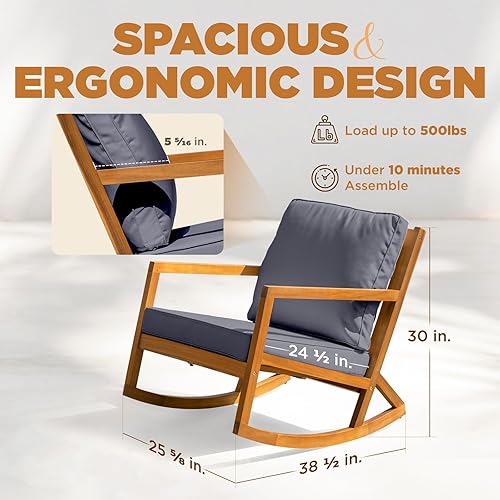 Miniatura 2 de IDZO Mecedoras resistentes para club, capacidad de 500 libras con respaldo inclinado, cojín de espuma gruesa, balancín de madera de acacia maciza