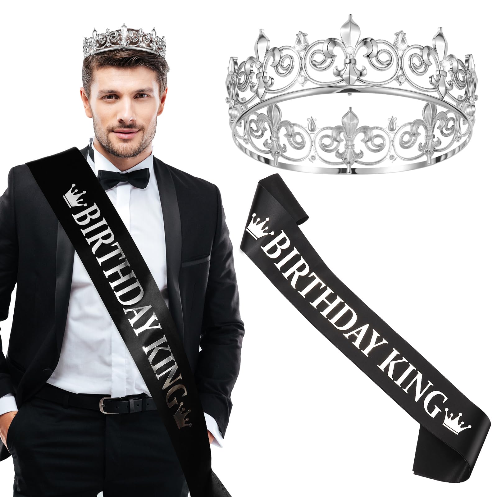 Retrowavy Birthday King Crown and Sash for Men Prom Party Decoration Birthday Gifts for Men Vintage Baroque Crown Costume Headwear for Party Supplies(Silver)