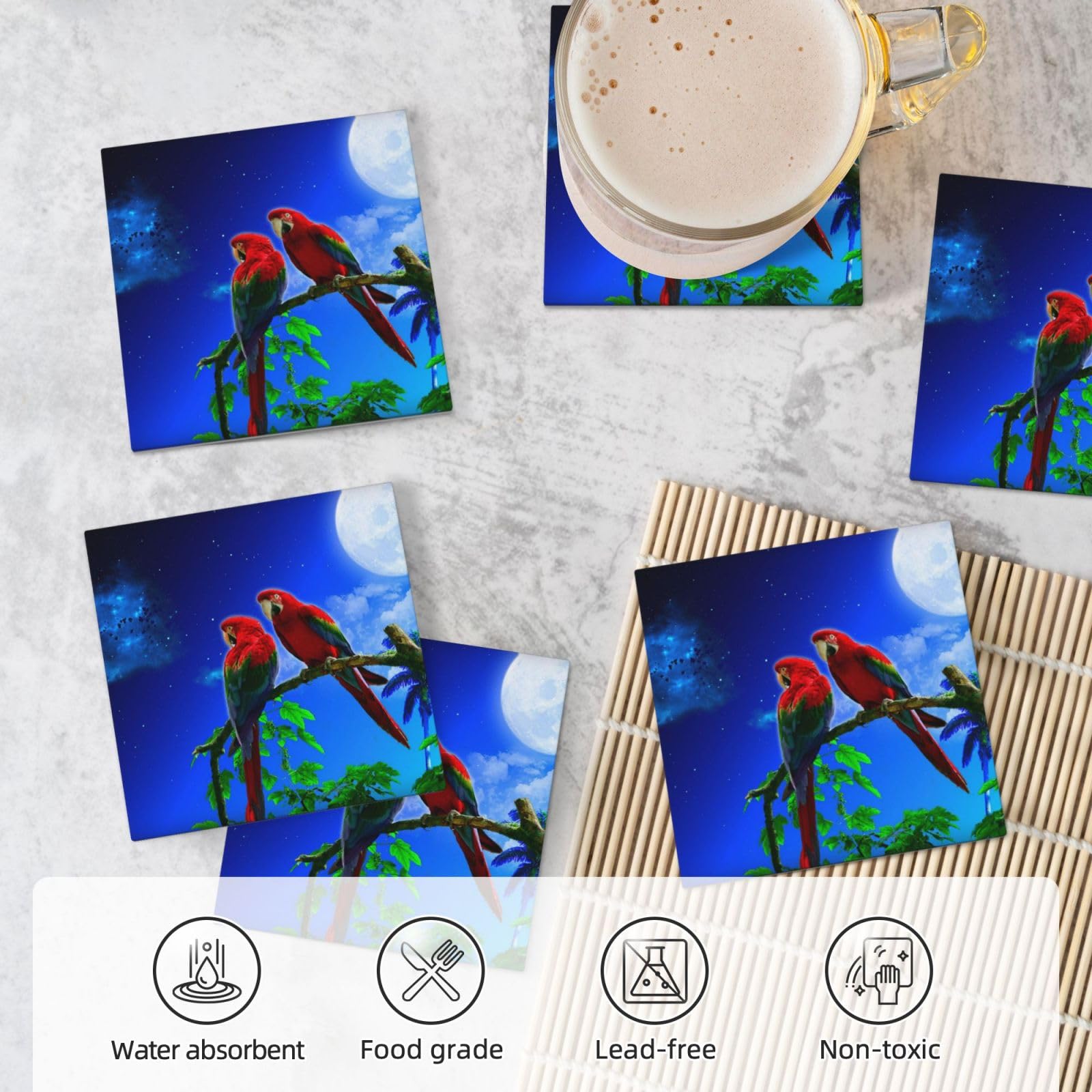 Set di 6 sottobicchieri decorativi in ceramica con stampa di pappagalli
