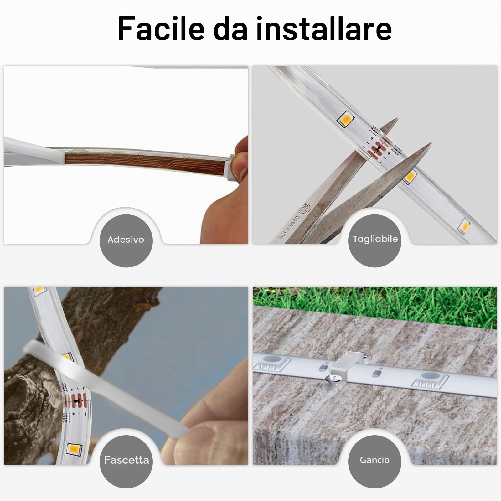 Striscia LED per esterni, impermeabile, 15 m RGBCW, striscia LED solare per esterni, autoadesiva, accensione/spegnimento automatico, 16 colori e 4 modalità, con telecomando