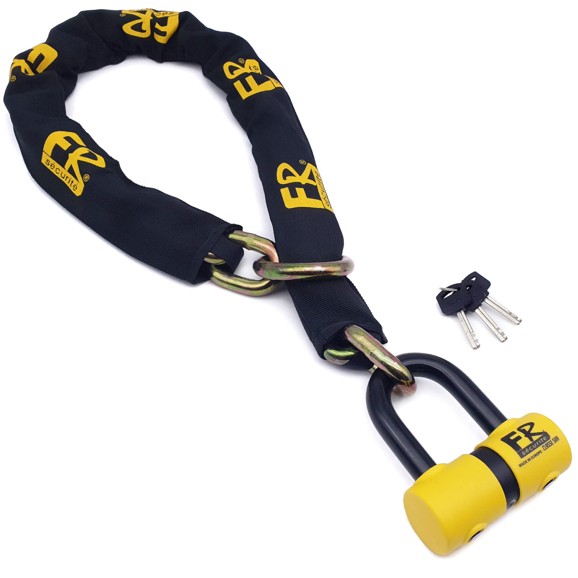 FR SECURITE FR50120L Catena ad Alta Sicurezza con Mini U Bloccadisco Moto Lucchetto Antifurto Scooter Blocco Disco Omologato Sra da 120 cm ø13.5, Passante