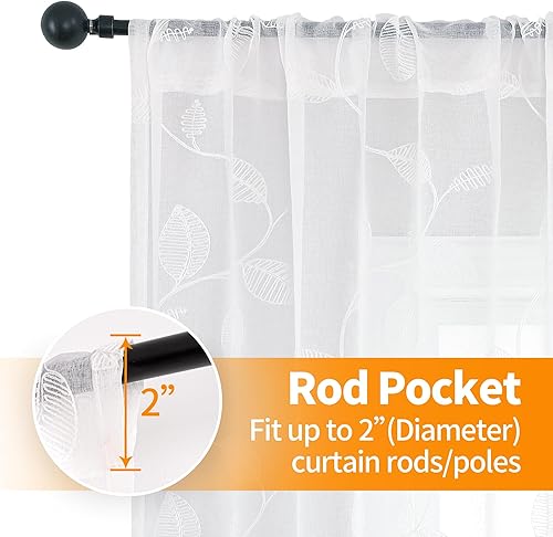 Miniatura 4 de YoungsTex Cortinas traslúcidas de lino con estampado de hojas de 63 pulgadas de largo para sala de estar, bolsillo para barra, cortinas de encaje