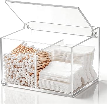 Acrylic Qtip Holder Dispenser with Lidlid 2 In1 Sections,15x11.5x10cm
