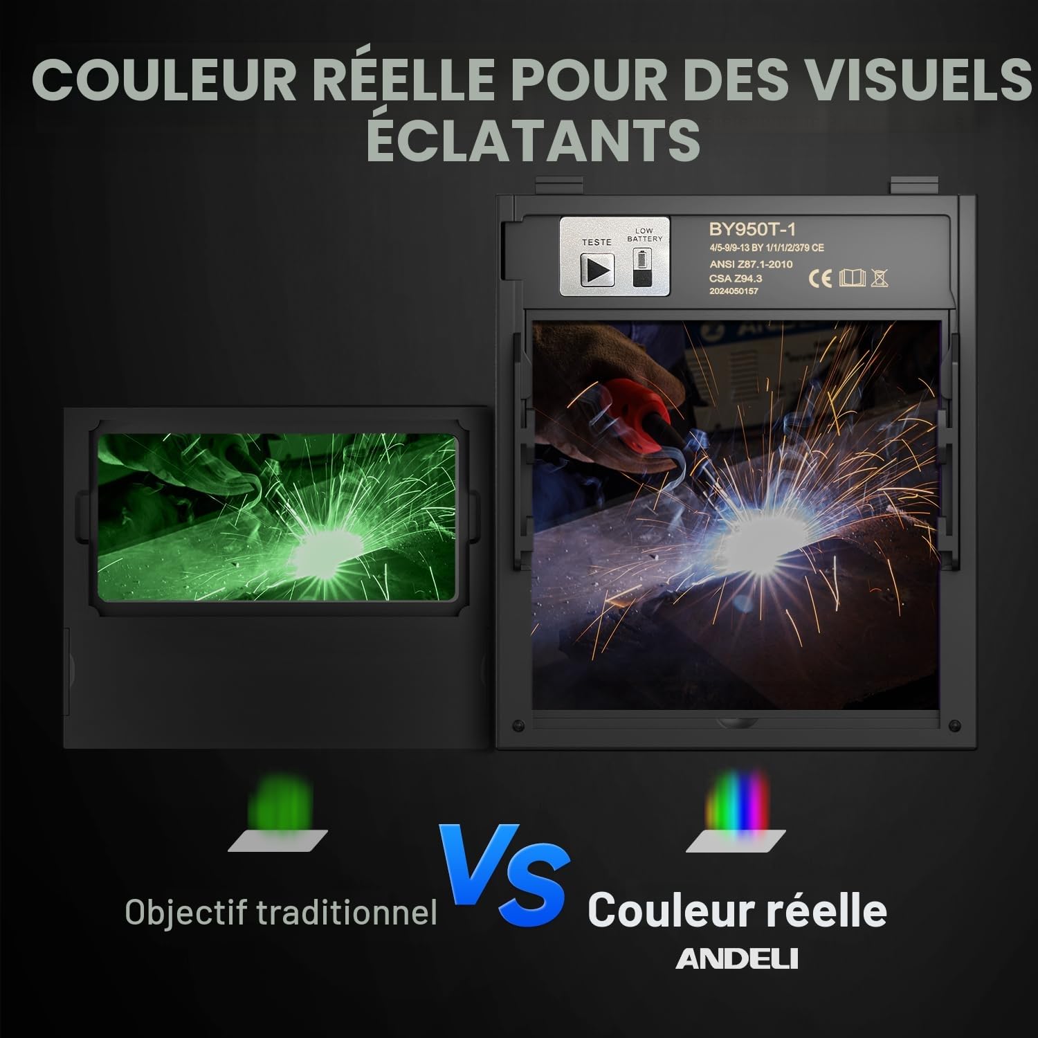 ANDELI Casque de soudage – 180 ° panoramique à 6 capteurs d'arc, True Color, obscurcissement automatique avec lumière et détection de mouvement, batterie rechargeable 2100 mAh pour TIG/MIG/Cut/Grind