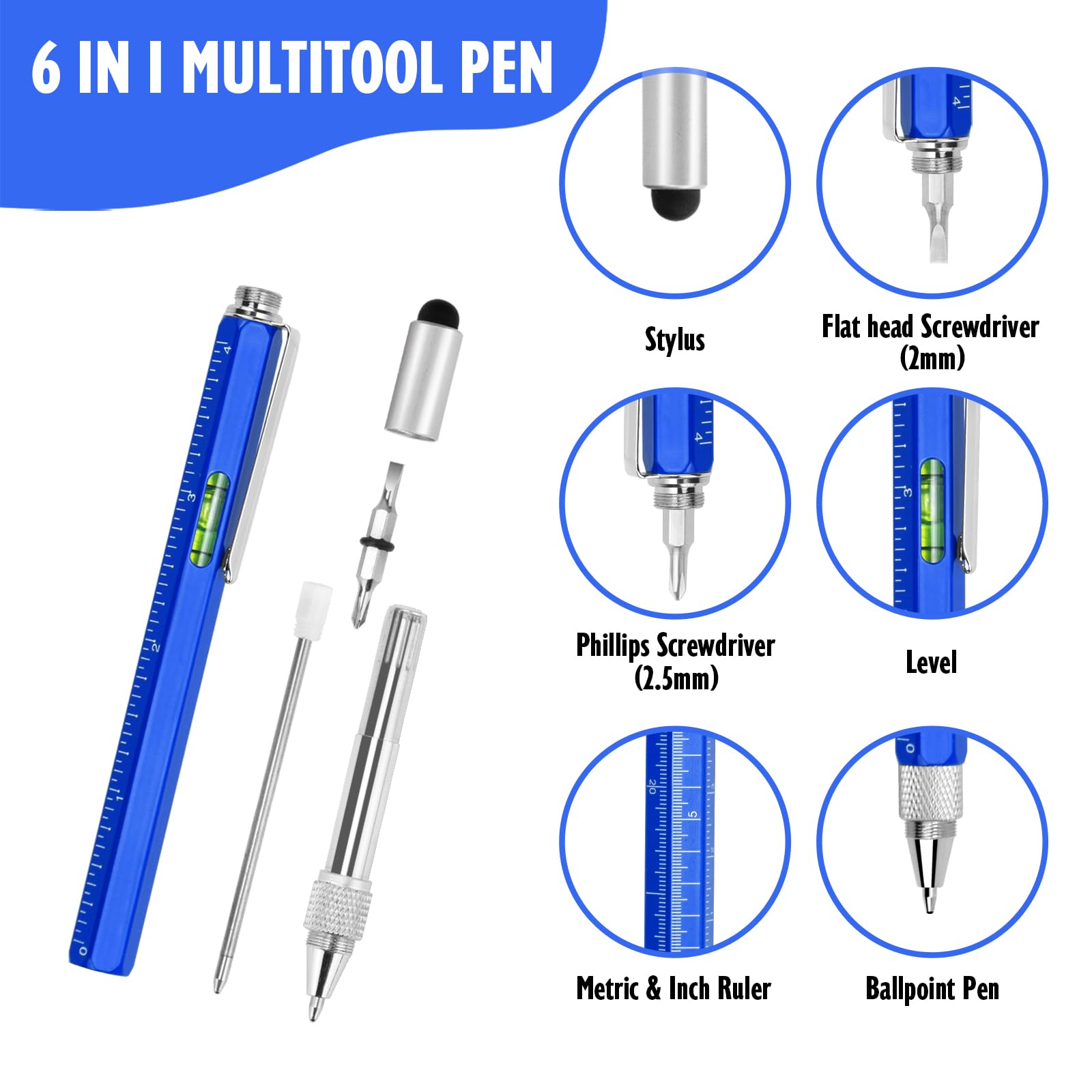 Cool Pen Gifts for Men, 6-in-1 Multi Tool Tech Pen Gadget for Him, Fun Gift for Christmas, Father's Day, Valentines or Birthdays (6 IN 1 Blue)