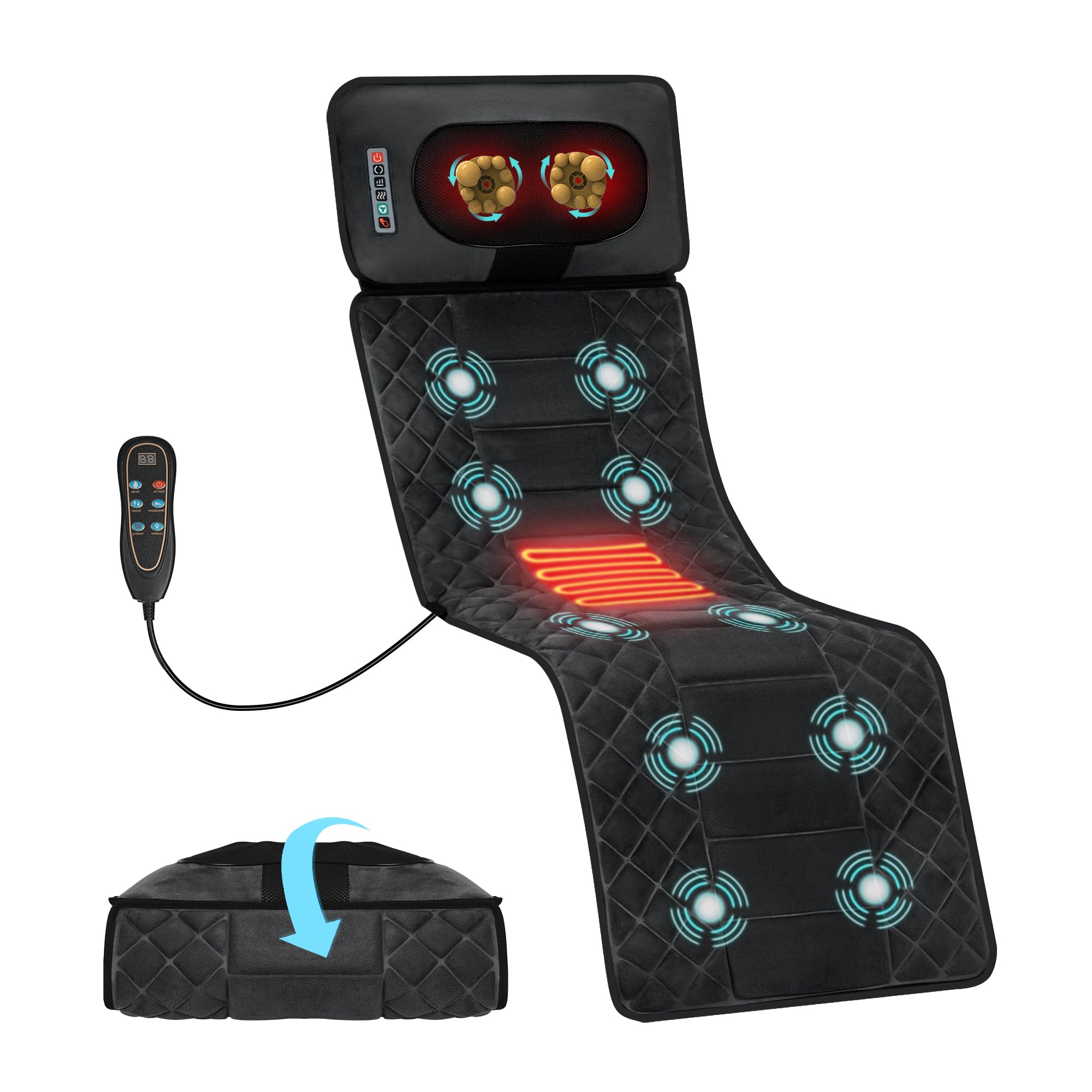 Full Body Massage Mat with Heat Detachable Neck Pillow Vibration Massage Pad with 10 Motors 9 Speeds 9 Modes for Neck Back Pain, Gifts for Men Women at Home Office Use