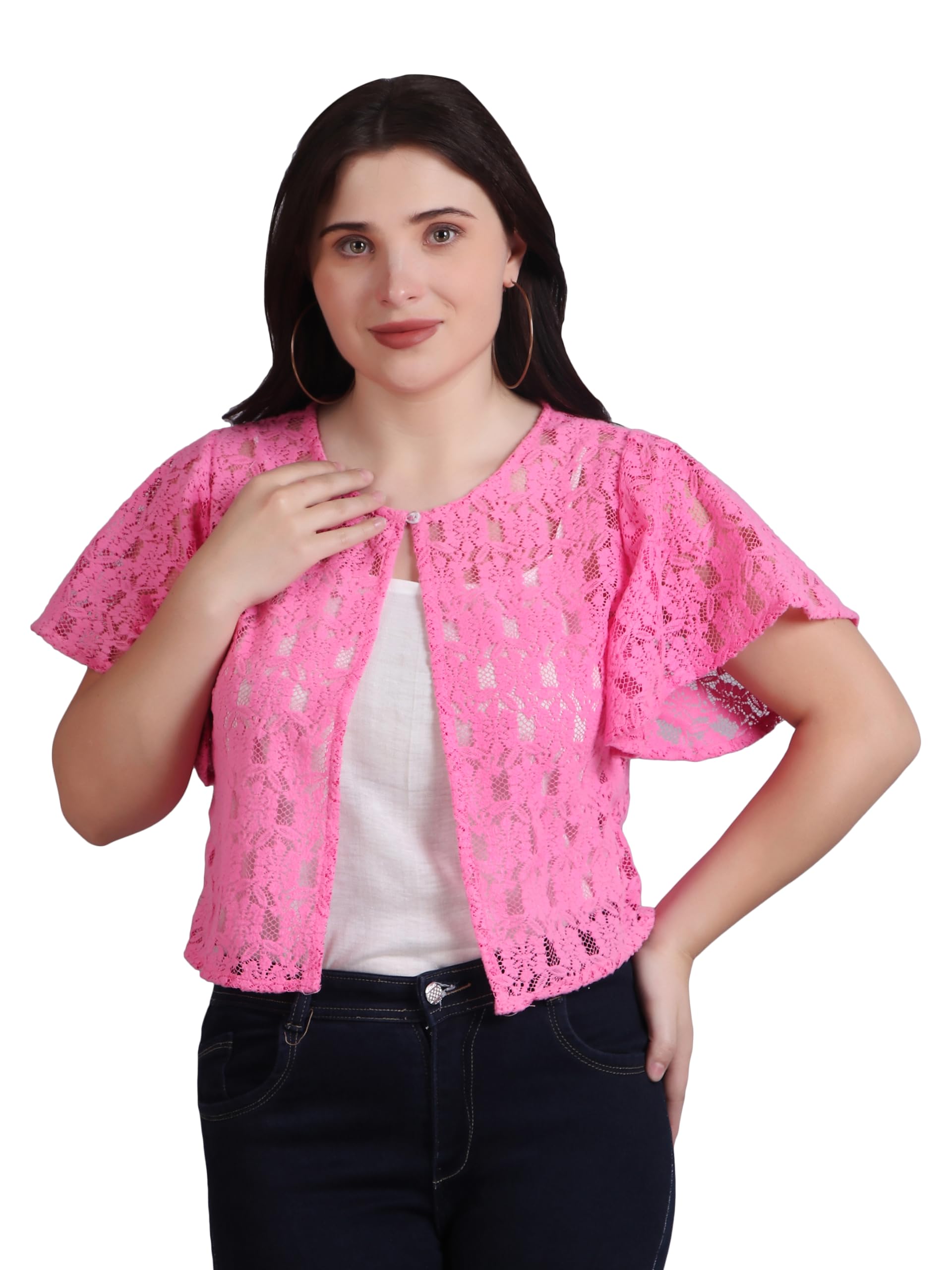 dressitude Women Knitwear Self Design Cotton Lace Round Neck Flared Sleeve Shrug | Front Open, Button Closure-picture-22