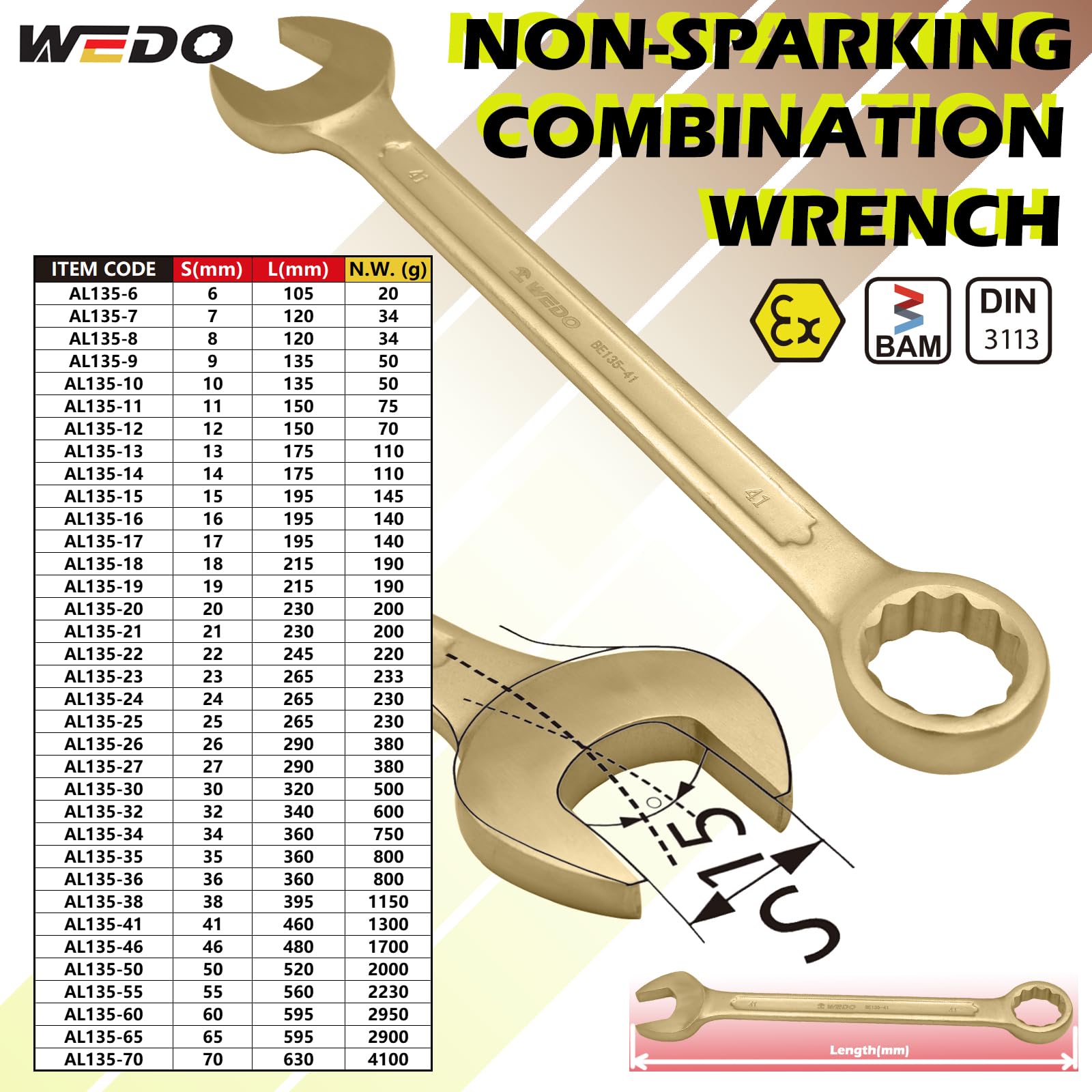 WEDO Nieiskrzący klucz płasko-oczkowy 32 mm, metryczny, długość 340 mm, 12-punktowy bez iskier, klucz offsetowy 15-stopniowy, brąz aluminiowy, odporność na korozję, certyfikat DIN 3113, BAM i FM