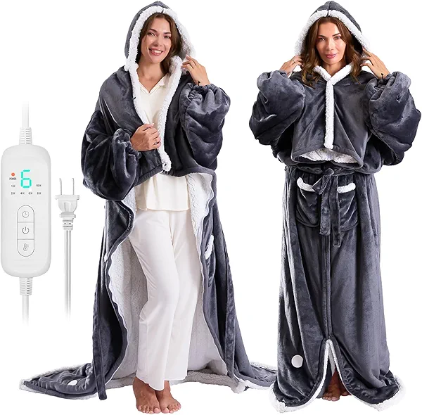 Wearable Heated Blanket with Zipper,Electric Snuggle Throw Blankets with Sleeves,Flannel & Sherpa Heating Blanket with Foot Pocket for Adults Seniors,8 Heating Levels & 1-10 Hour Timer,60x70in