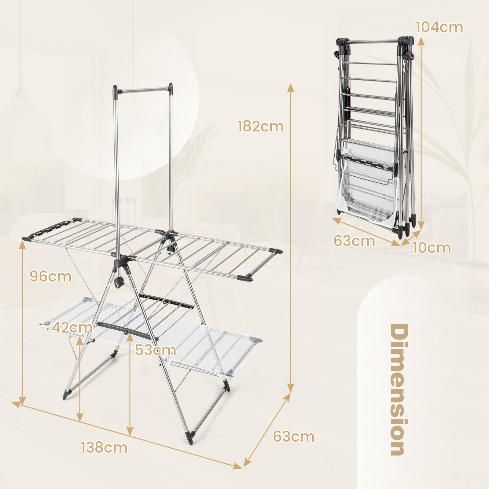 COSTWAY Étendoir Linge Intérieur, Sechoir à Linge Pliable en Acier Inox, Cintre Haut 182 cm, Grand Filet de Séchage, Tancarville Linge Solide Réglable 70-140 cm, Cintre Chaussures, Pince de Chaussette