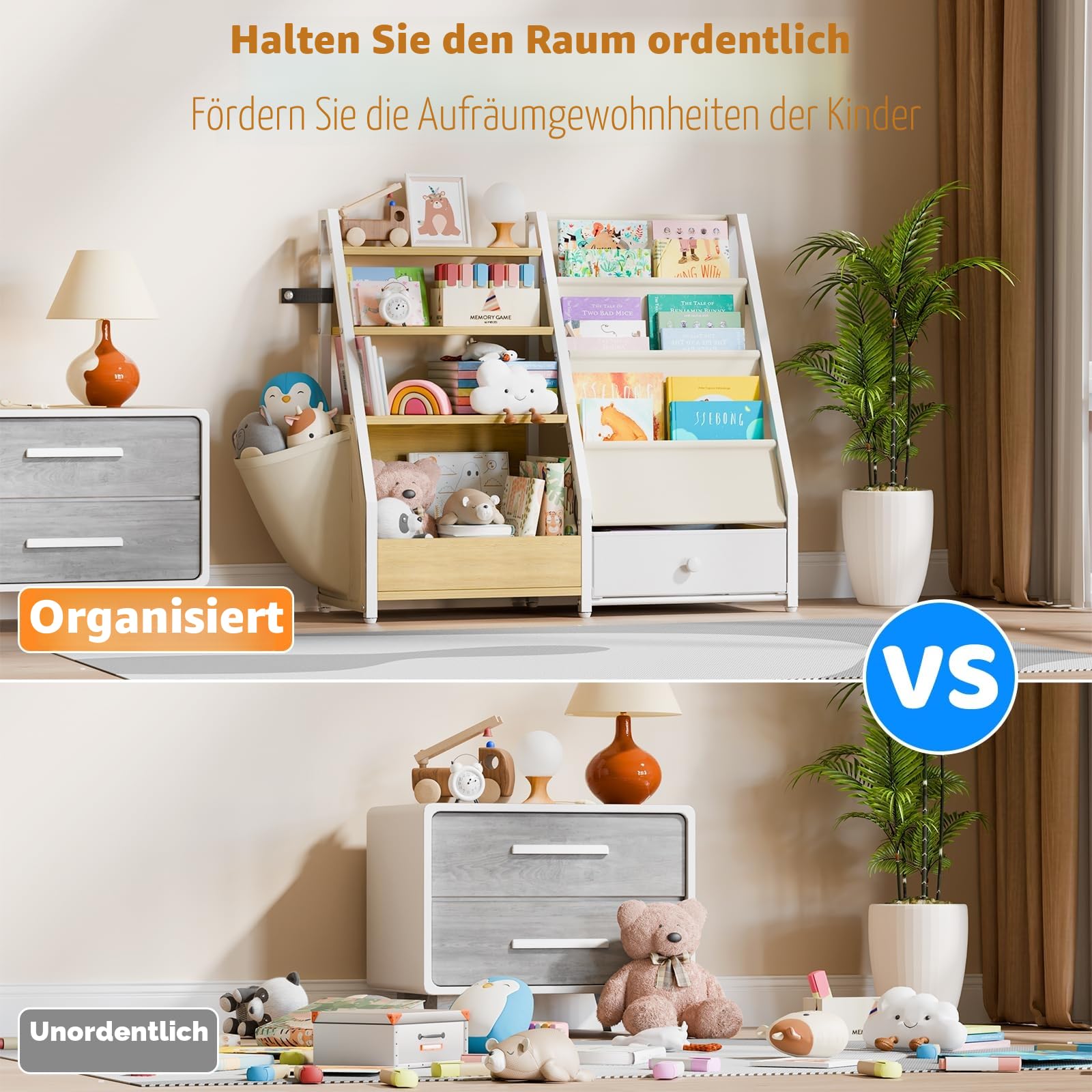 HAVLOTII Kinder-Bücherregal und Spielzeugaufbewahrung – Bücherregal für Kinderzimmer, Kleinkind-Bücherregal für Kinderzimmer, Montessori-Spielzeug-Organizer, Burlywood