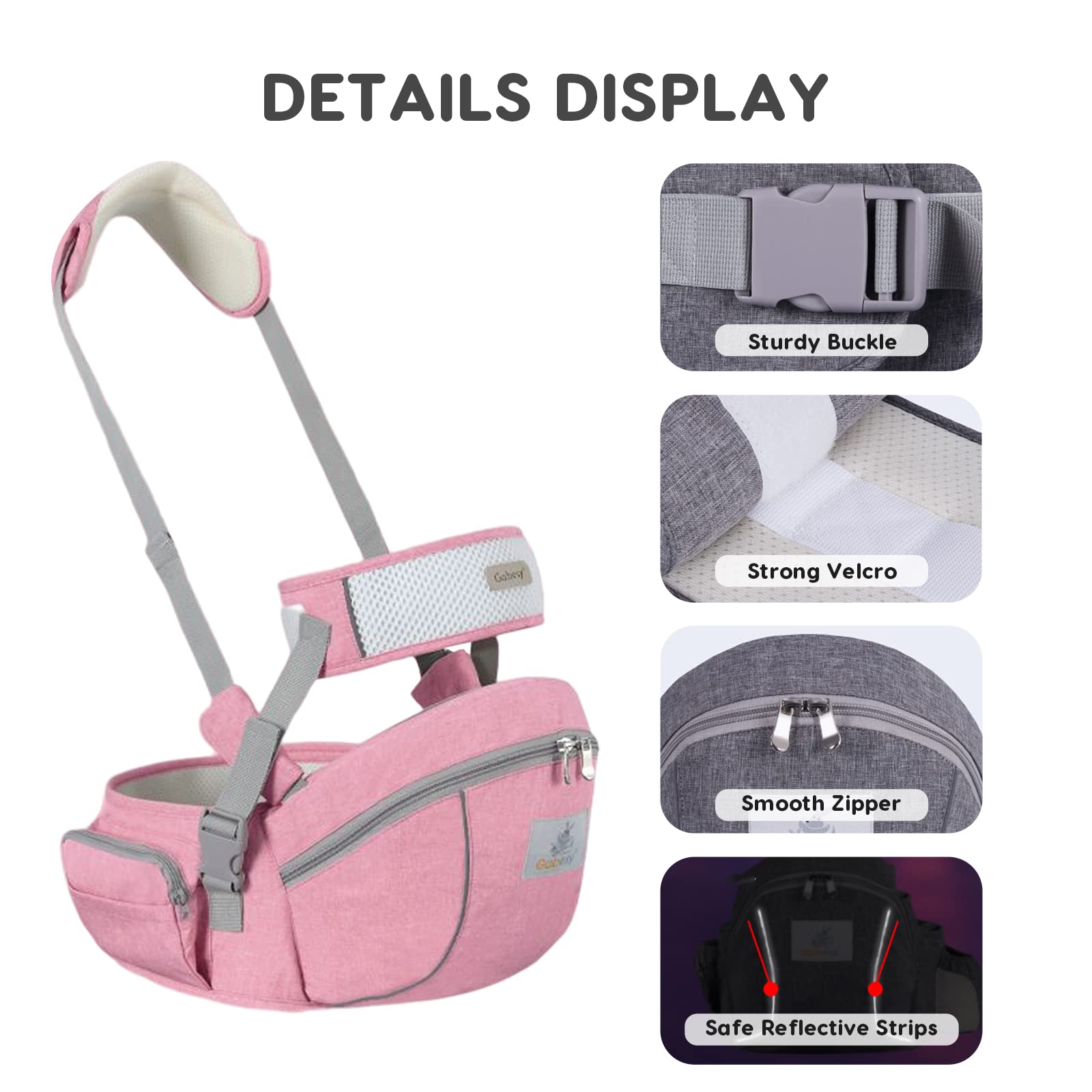 SONARIN Multifunzionale Hipseat Marsupio,Ergonomico Neonati Marsupio Supporto del Sedile Portantina Bebè Seggiolino con Cintura di Sicurezza & Tracolla per Neonato Bambino 0-24 Mesi(Rosa)