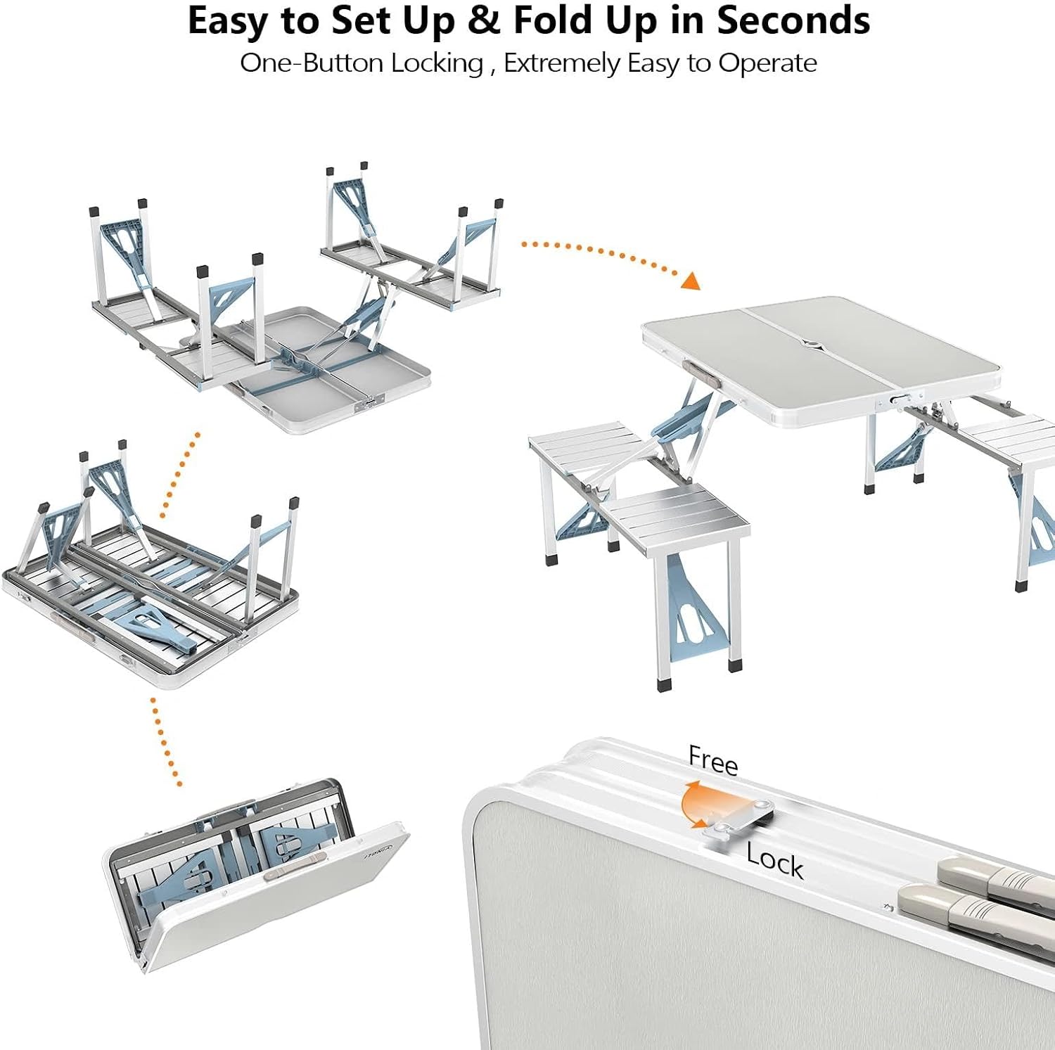 4.4FT Portable Folding Picnic Table with Seats, Lightweight Aluminum Camping Table with Umbrella Hole & Carry Handle, 265lbs Capacity Foldable Suitcase Tables for RV, Outdoor, Tailgating(White)