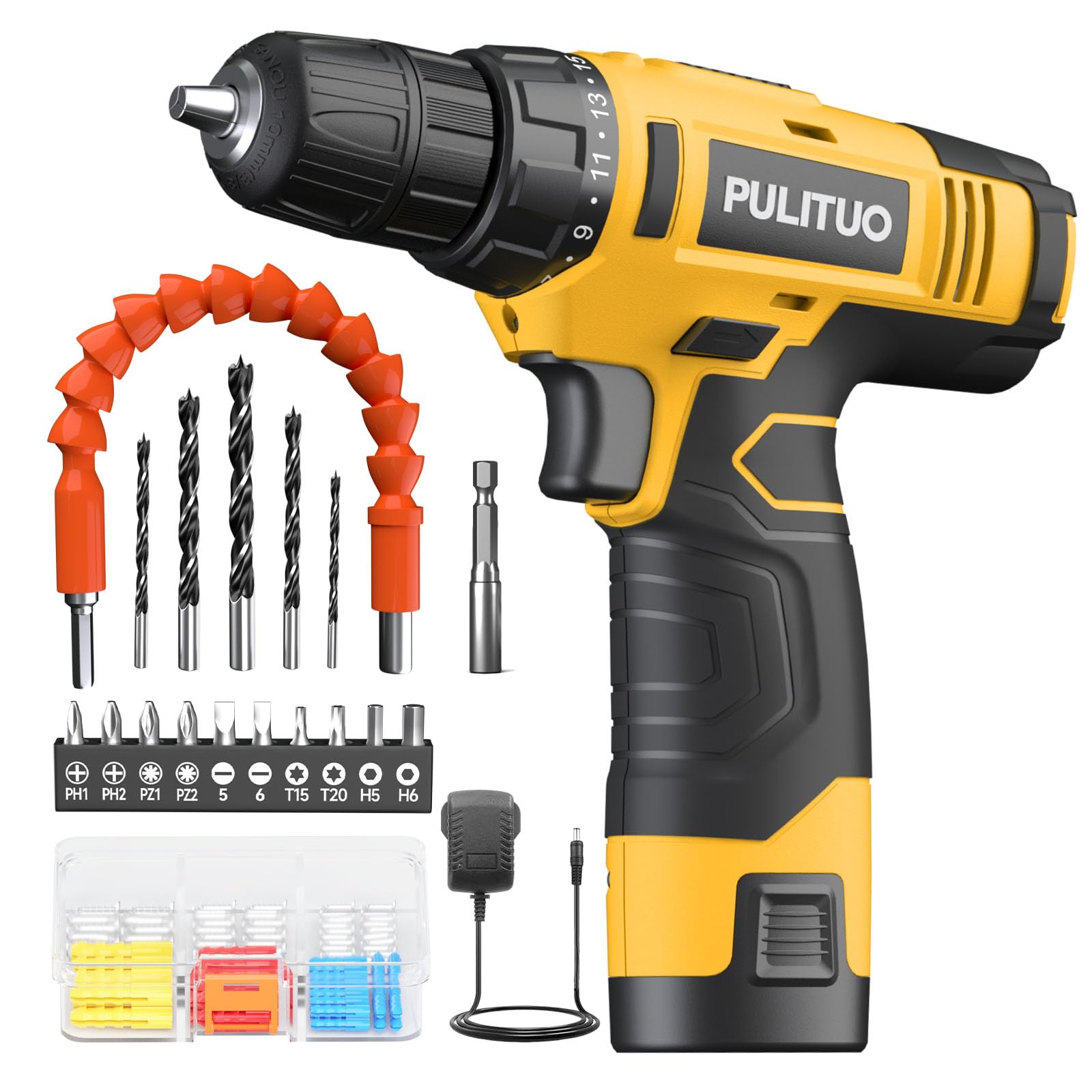 PULITUO Trapano Avvitatore Batteria，Potente set di punte per trapano con batteria agli ioni di litio, 21+1 impostazioni di coppia, mandrino senza chiave da 3/8" pollici, trapano elettrico.