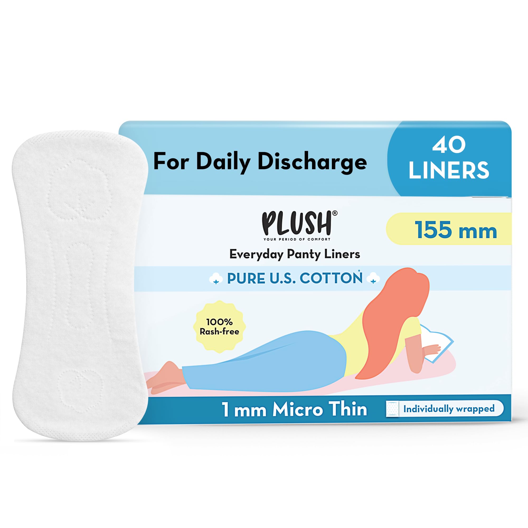 Ultra Thin Panty Liners For Women Daily Use, 40 Liners 155mm | Pure US Cotton Liner Pads For Rash Free Periods | Soft Cotton Surface For Comfort On Non-Period Days | No Toxins & Paraben Free