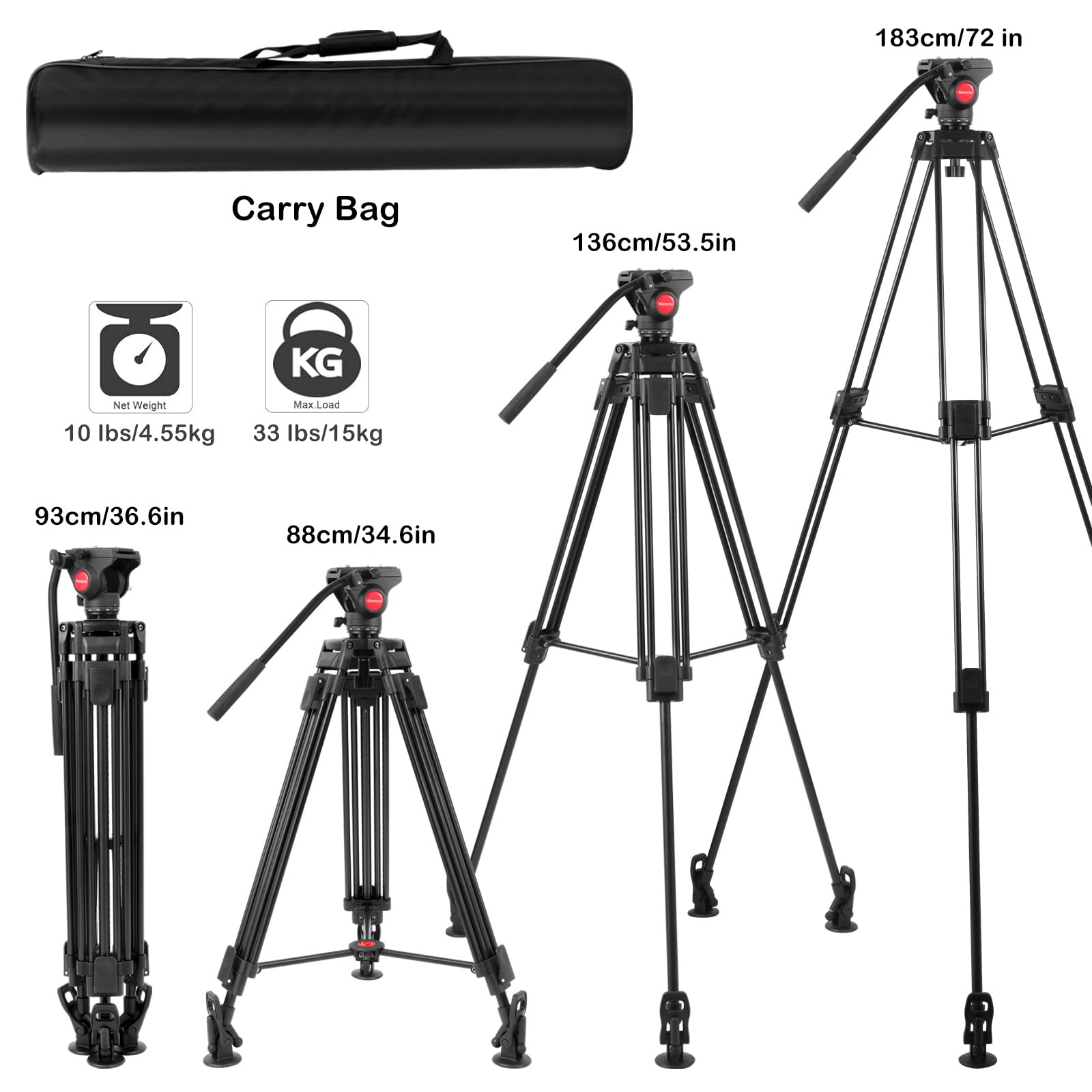 72" Professional Video Tripod With Fluid Head - Heavy Duty Aluminum Tripod For DSLR Cameras Up To 33lb