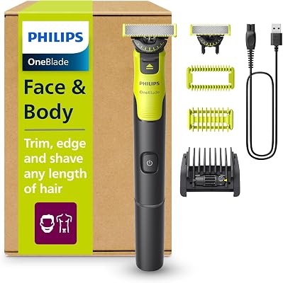 Philips OneBlade 360 Face + Body, Autentico regolabarba elettrico, rasoio e spazzola con tecnologia a 360, 1x lame 360, 1x pettine regolabile 5 in 1, 1x kit per il corpo, (modello QP4631/30)
