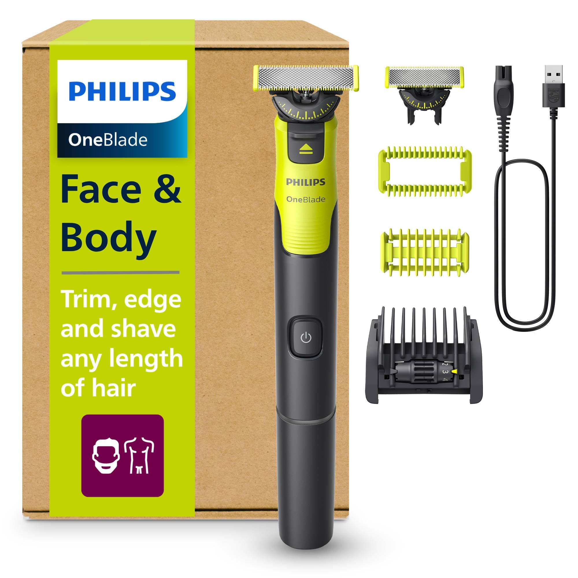 Philips OneBlade 360 with Bluetooth, Beard and Body Trimmer, Men's Electric Shaver, Male Hair Removal, 2 Blades, 5 Lengths, 60 Minutes Use with 1 Hour Charge, QP4631/30 GreenCircle Certified: Certified Environmental Facts Label