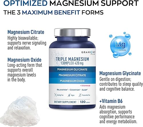 Miniatura 2 de Granions Complejo triple de magnesio  Mezcla de citrato, glicinato y óxido de 420 mg más vitamina B6  Apoyo tranquilo para dormir, energía y función