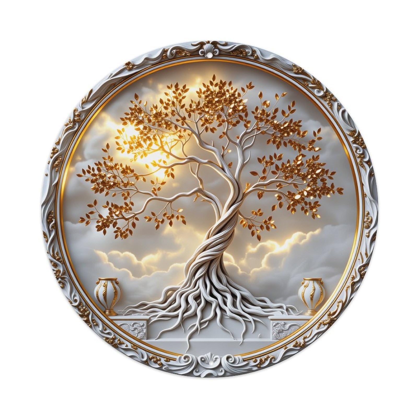 Golden Tree With Roots And Vases Metal Tin Sign Vintage Garden Bedroom Cafe Bar Man Cave Home Wall Decor Metal Poster 8x8 inches