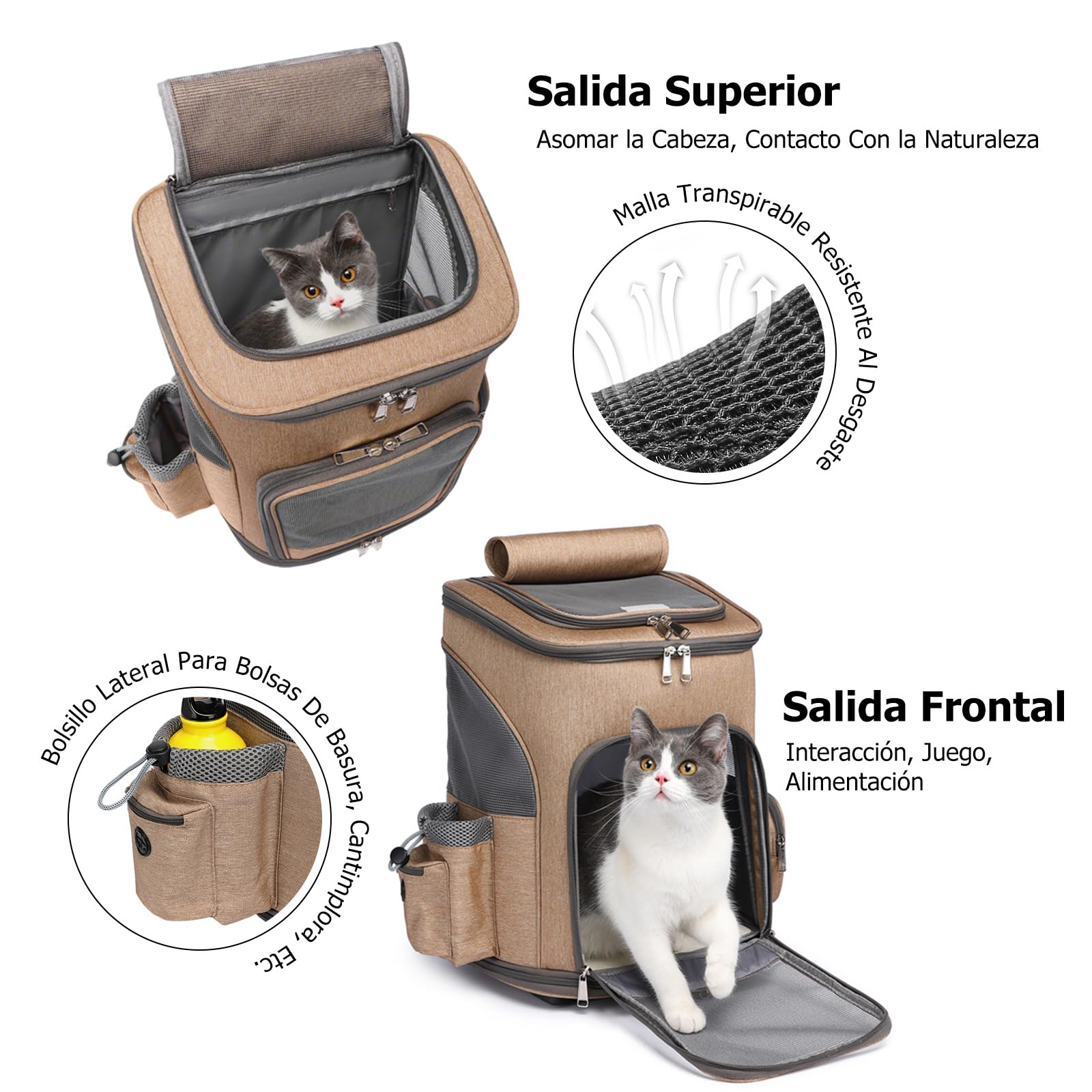 PETCUTE Transportín para Perros con Ruedas, Plegable,3 en 1 Mochila para Gatos con Mango Telescópico, Mochila para Mascotas con Malla Transpirable y Alfombrilla Extraíble,Carga Máxima 10kg,Caqui