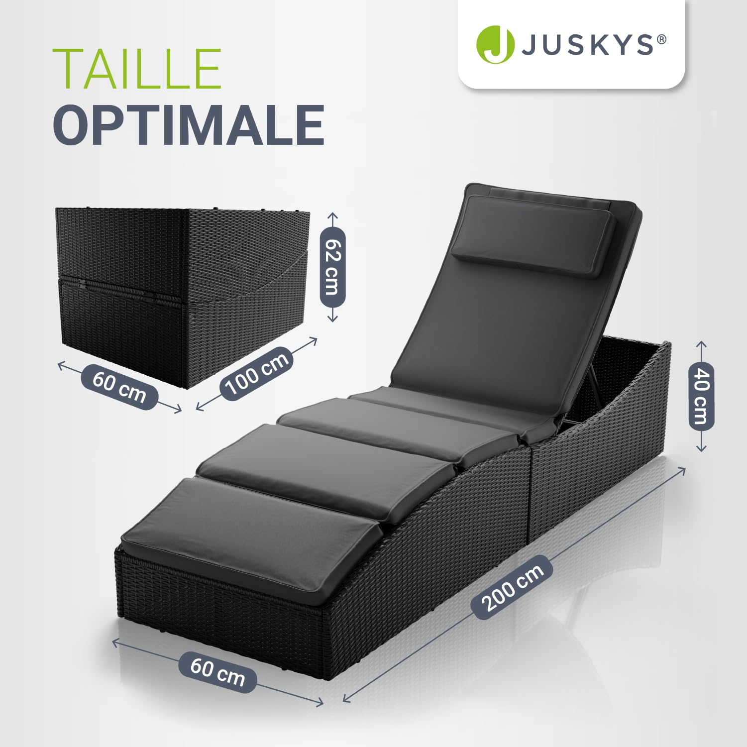 Juskys Chaise Longue de Jardin Lamia Pliante, en polyrotin, avec Support, appuie-tête réglable, Charge maximale de 160 kg - Chaise Longue extérieure de Jardin et Balcon, Noir