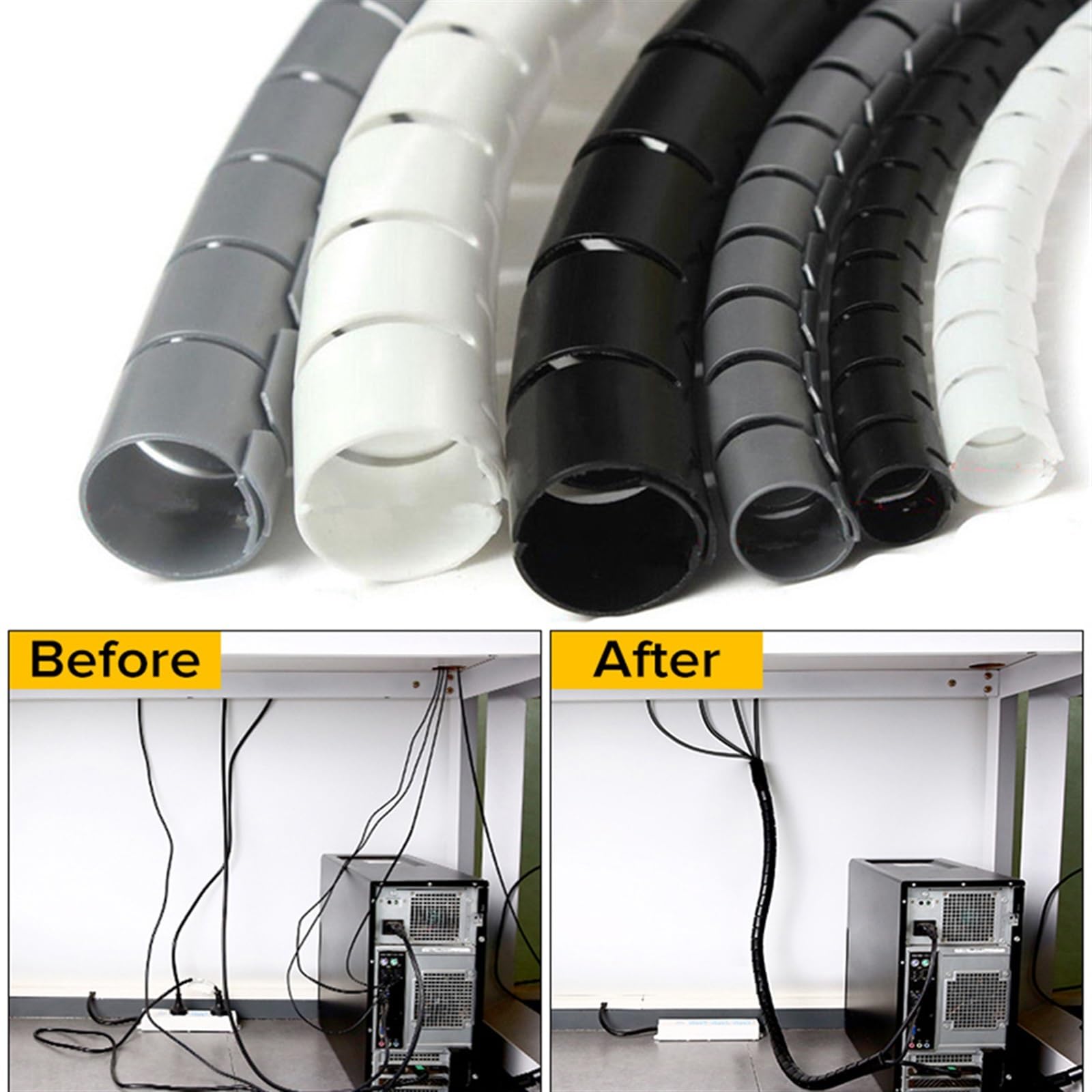 Organizador de Cables en Espiral Flexible, Protector Cable Almacenamiento, Tubo PE, 1/3/5/10 Metros, 8/12/16/22/28/32/42mm Pasacables Suelo(White,42 MM_10 Meters)
