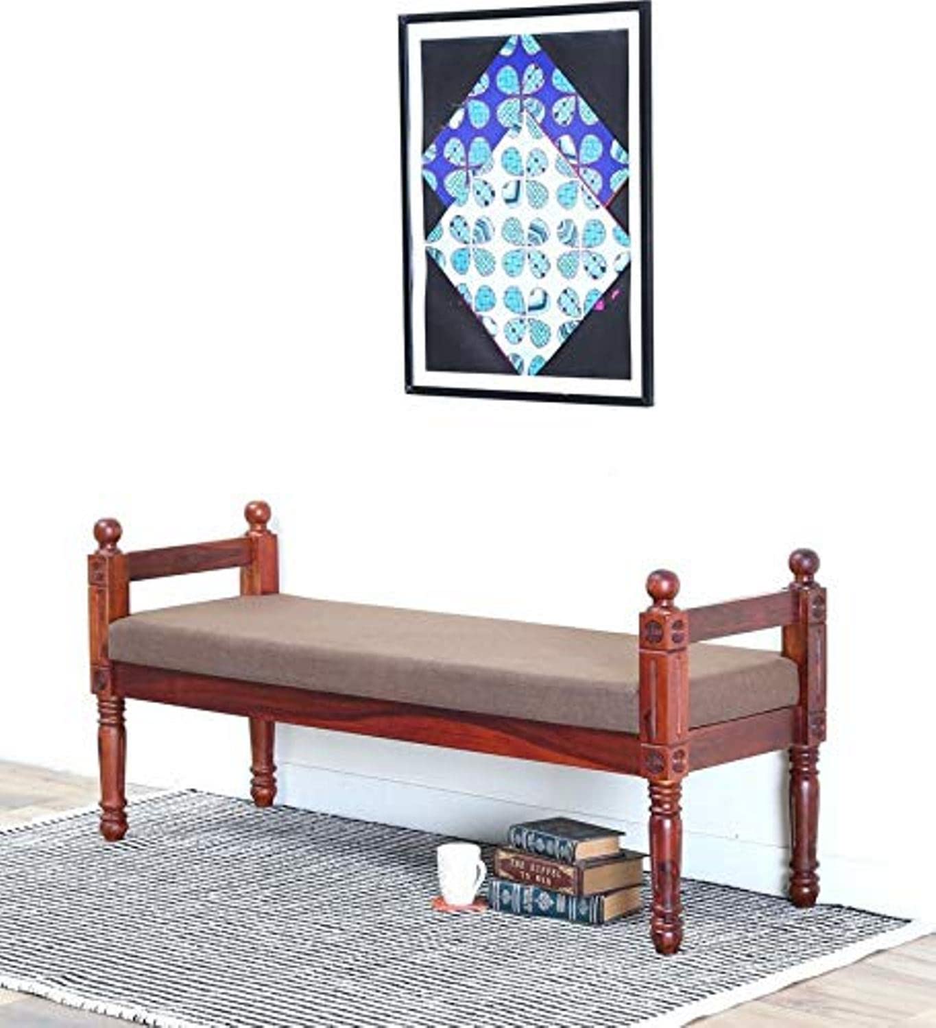 Ganpati Arts Sheesham Wood Seating Bench with Base Cushion for Home Living Room Wooden Furniture for Indoor Garden Balcony (Walnut Finish) 1 Year Warranty