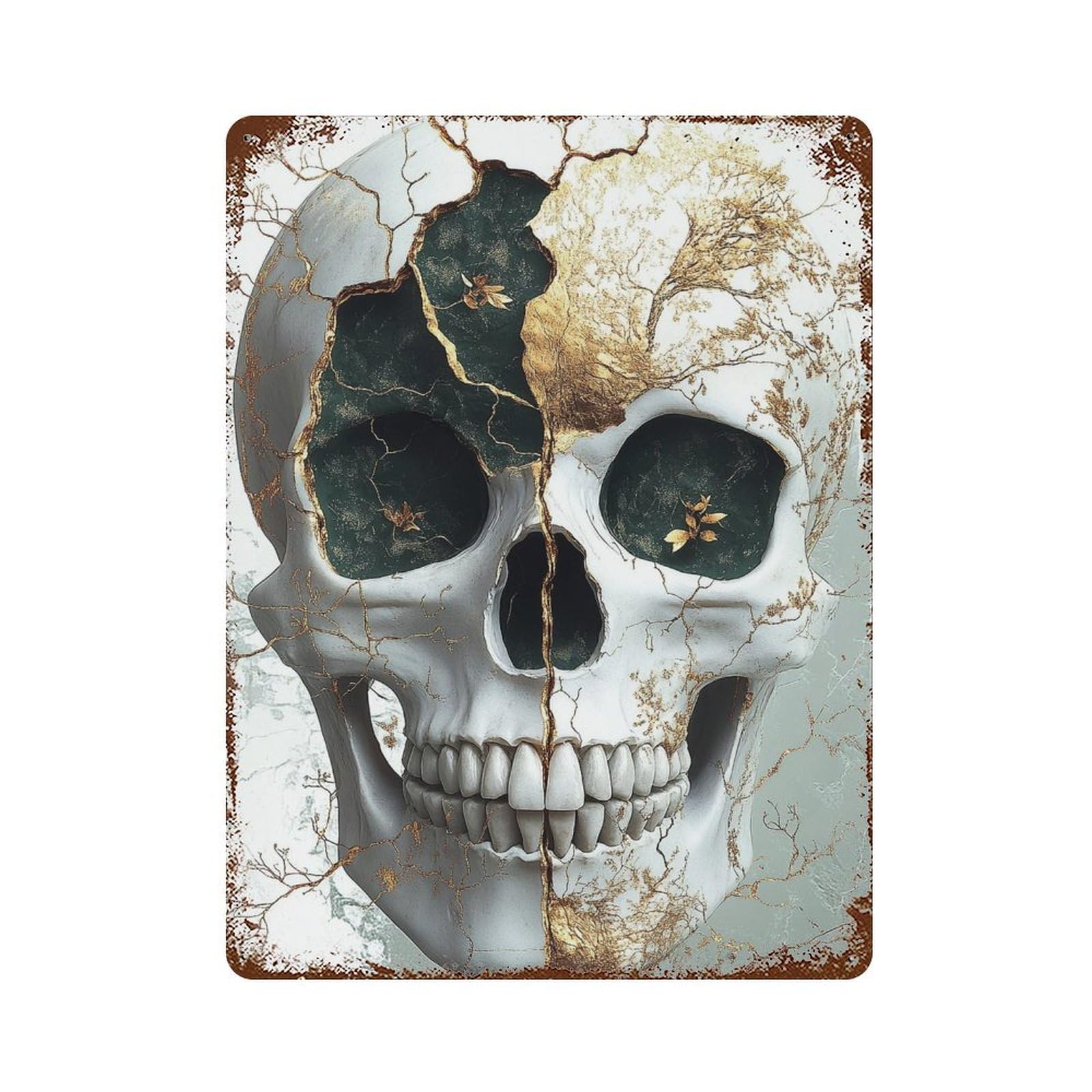Distressed Metal Wall Sign with Golden Kintsugi Skull Art Design 15.7"x11.8", for Cafe, Home Bar And Lounge Decor, Retro Wall Decor